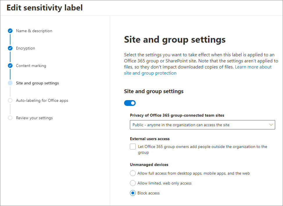 The site and group settings tab